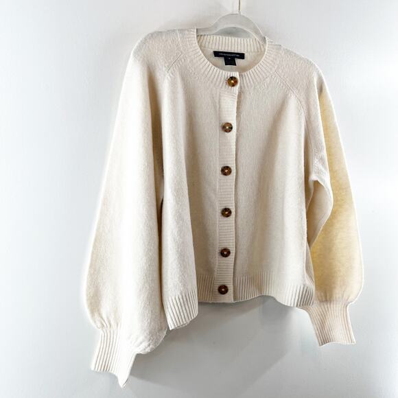 French Connection Kezia Puff Sleeve Button Front Cardigan Sweater White Medium - Picture 6 of 7